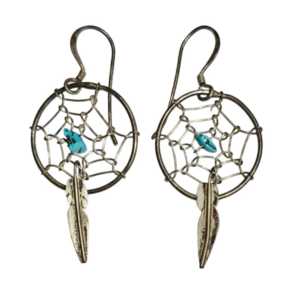 Vintage Sterling Silver Turquoise "Asabikeshiinh" Dream Catcher Drop Earrings